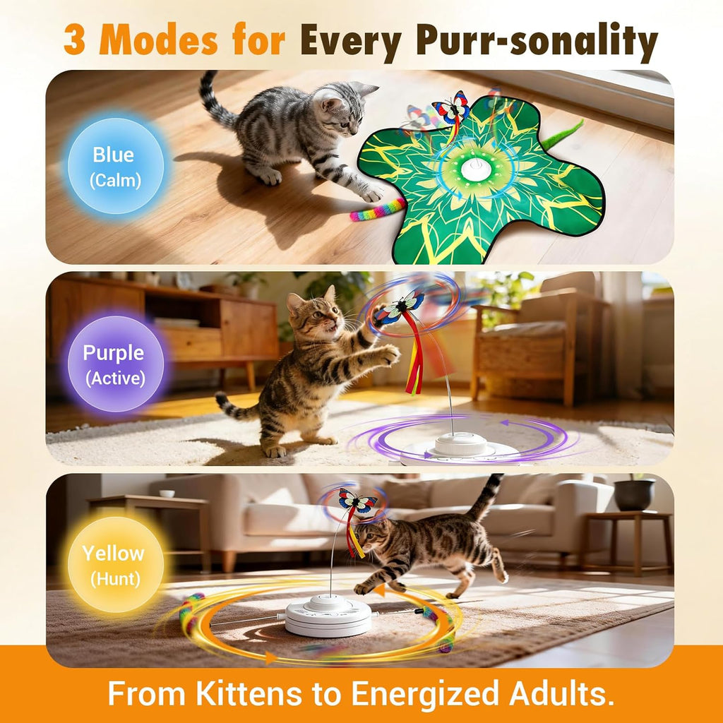 Hide and Seek Cat Toy Mat, 3-in-1 Interactive Cat Toys for Indoor Cats with Fluttering Butterfly & Moving Concealed Feathers, 3 Prey Sounds, Rechargeable Auto Play Mat for Bored Adult Cats & Kittens