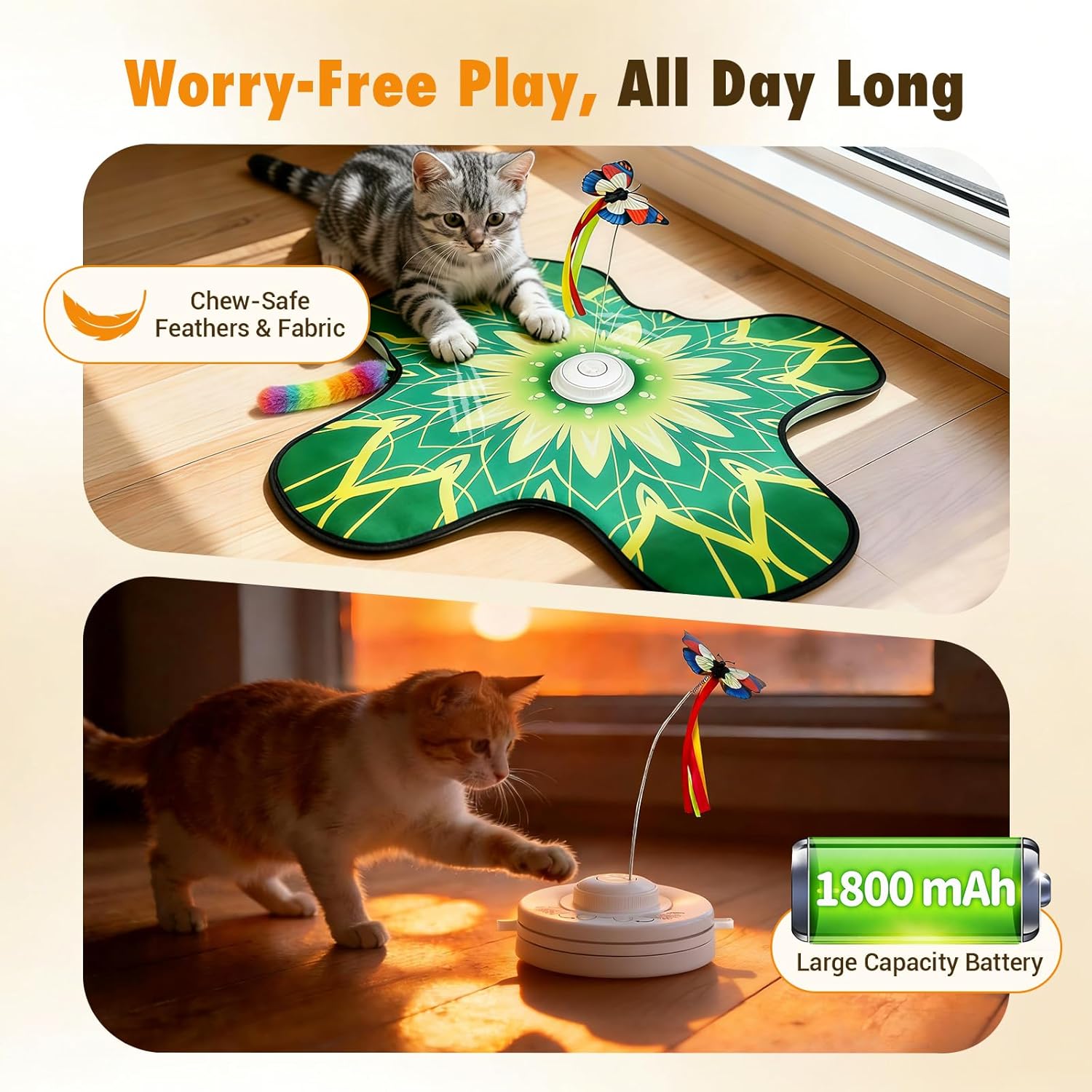 Hide and Seek Cat Toy Mat, 3-in-1 Interactive Cat Toys for Indoor Cats with Fluttering Butterfly & Moving Concealed Feathers, 3 Prey Sounds, Rechargeable Auto Play Mat for Bored Adult Cats & Kittens