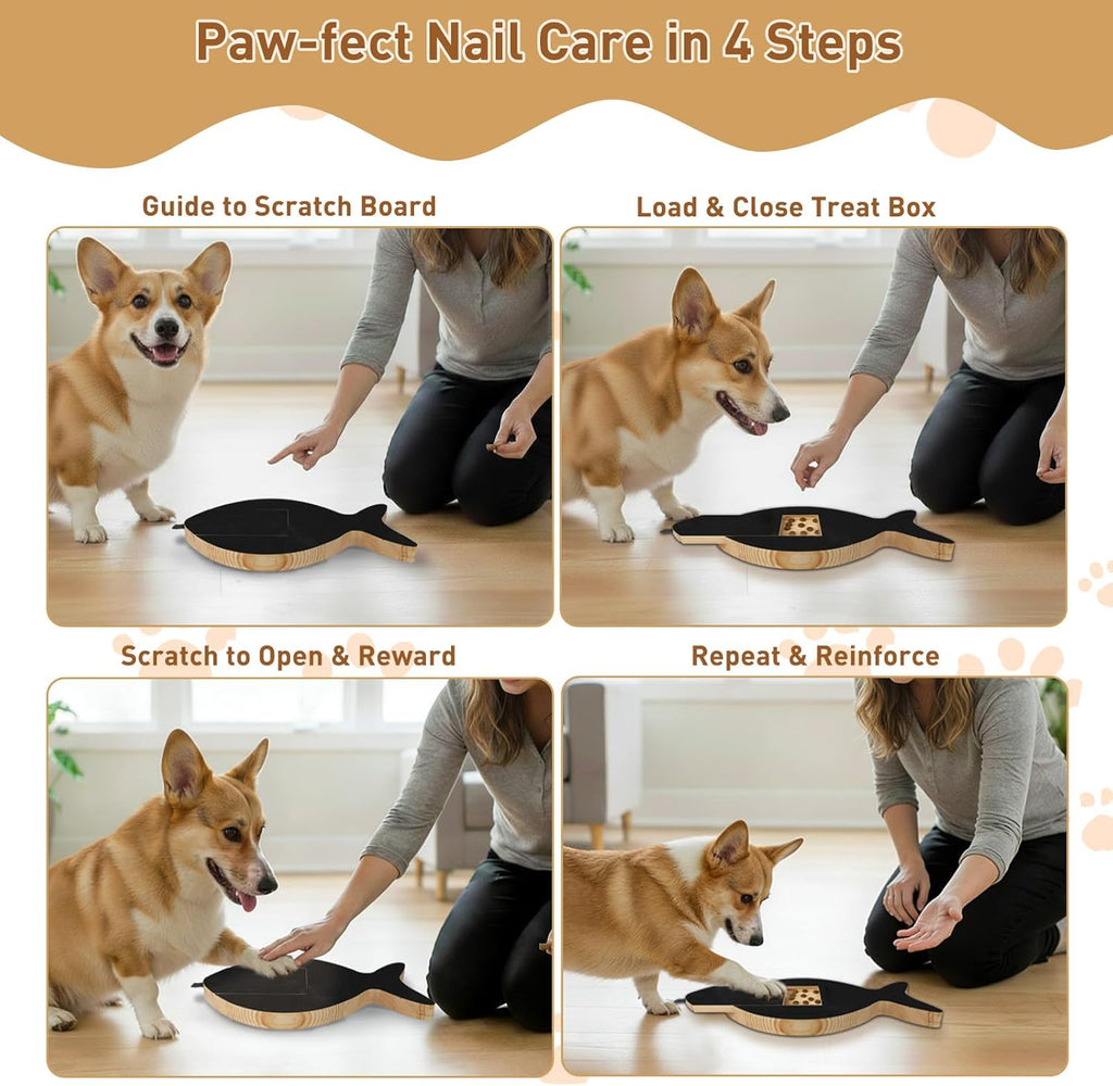 Dog Nail Scratch Board with Treat Drawer, Stress-Free Nail Filing Tool for Dogs, Alternative to Clippers for Front Paw Nails, Interactive Training Scratch Pad with Extra Sandpaper