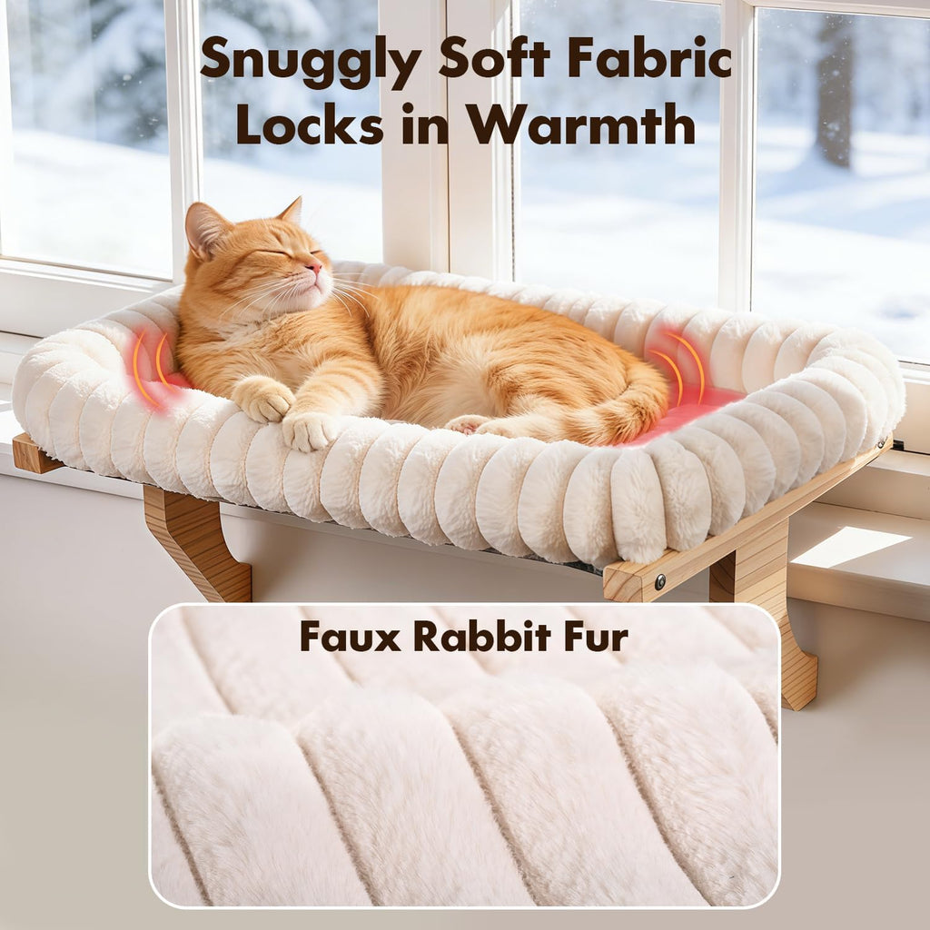 Cloud-Cuddle Cat Perch for Window Sill with Bolster, Natural Wood & Metal Frame Cat Window Seat for Large Cats, Easy to Adjust Zipper Cushion Pet Bed for Windowsill (Medium)
