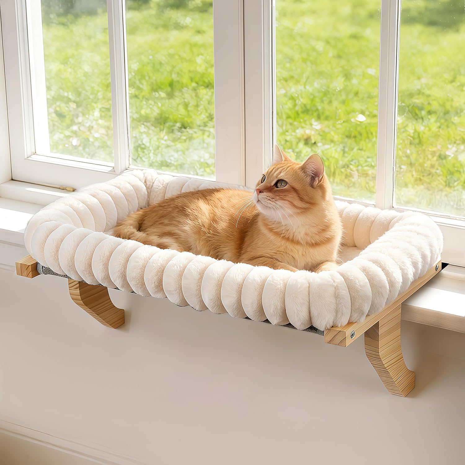 Cloud-Cuddle Cat Perch for Window Sill with Bolster, Natural Wood & Metal Frame Cat Window Seat for Large Cats, Easy to Adjust Zipper Cushion Pet Bed for Windowsill (Medium)