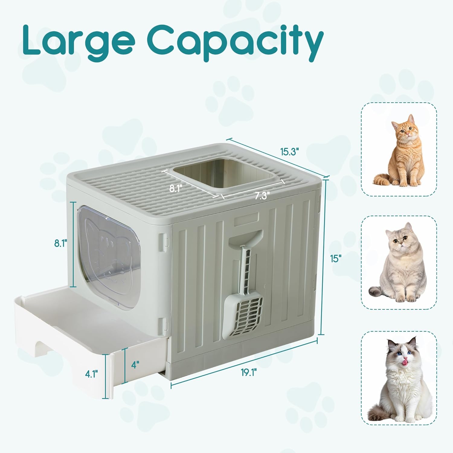 Cat Litter Box with Lid, Large Foldable Cat Box with Litter Scoop, Front Entry Top Exit Kitty Litter Box with Door, Easy Cleaning Drawer Design Odor Control, Grey