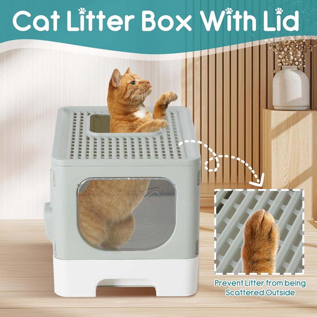 Cat Litter Box with Lid, Large Foldable Cat Box with Litter Scoop, Front Entry Top Exit Kitty Litter Box with Door, Easy Cleaning Drawer Design Odor Control, Grey