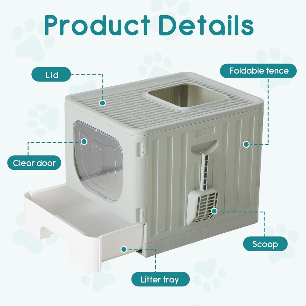 Cat Litter Box with Lid, Large Foldable Cat Box with Litter Scoop, Front Entry Top Exit Kitty Litter Box with Door, Easy Cleaning Drawer Design Odor Control, Grey