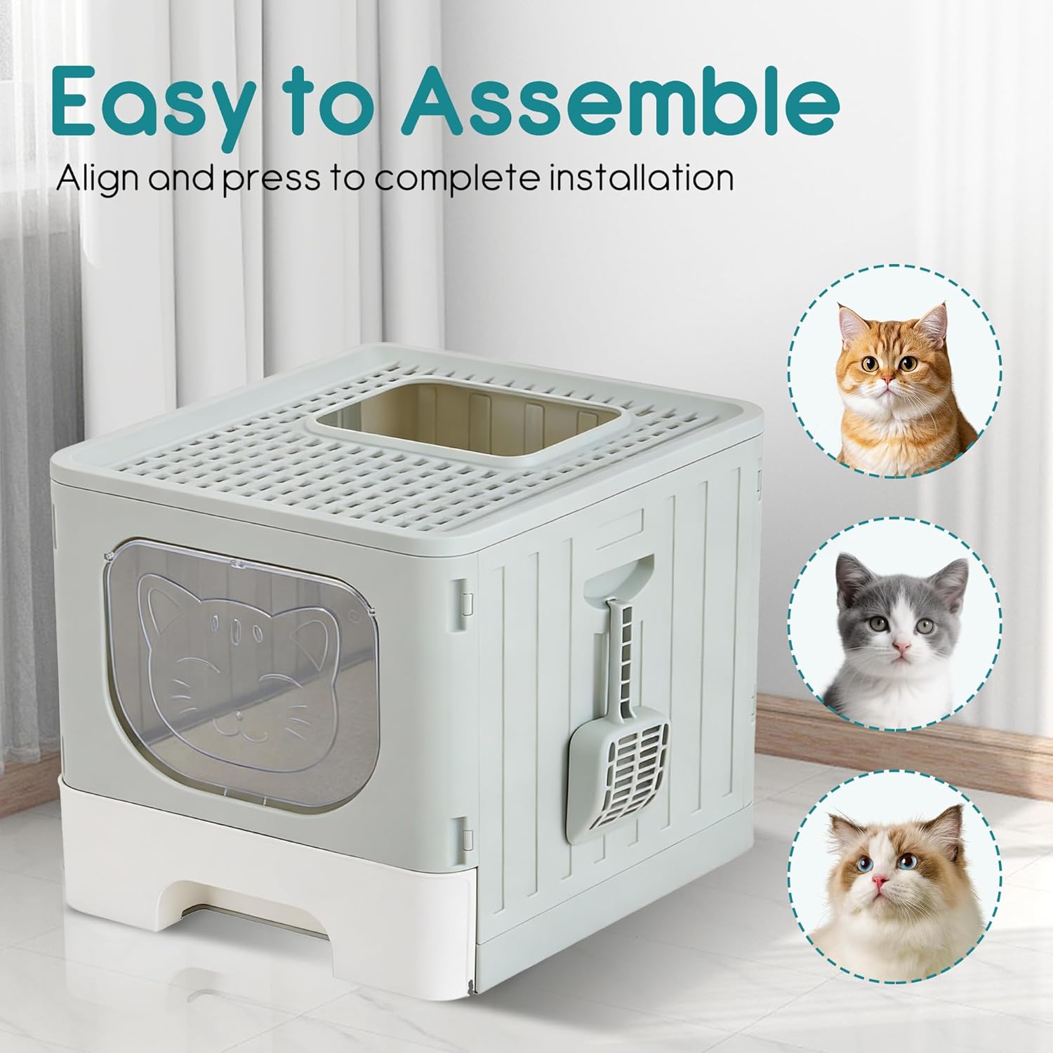 Cat Litter Box with Lid, Large Foldable Cat Box with Litter Scoop, Front Entry Top Exit Kitty Litter Box with Door, Easy Cleaning Drawer Design Odor Control, Grey