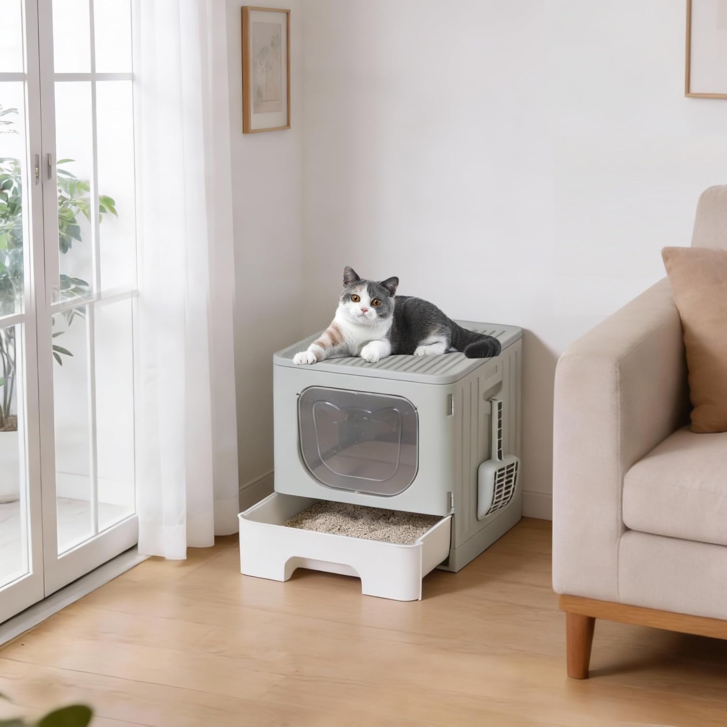 Cat Litter Box with Lid, Large Foldable Cat Box with Litter Scoop, Front Entry Top Exit Kitty Litter Box with Door, Easy Cleaning Drawer Design Odor Control, Grey