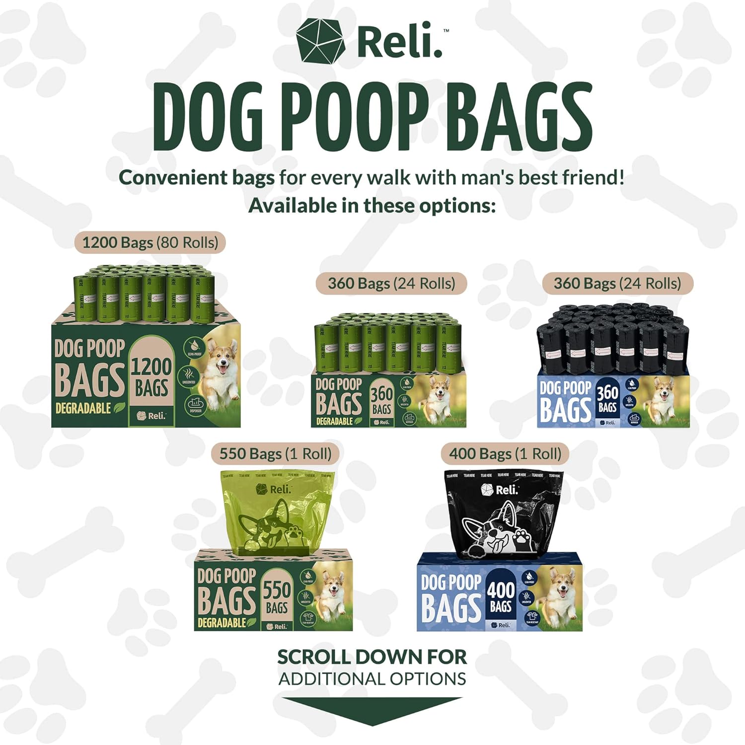 Biodegradable Dog Poop Bags w/Holder (1200 Count - 80 Rolls Bulk) | Leash Clip Dispenser | 9x13" Large Dog Bags for Poop | Green Eco-Friendly Oxobiodegradable Waste Disposal Refills (Unscented)