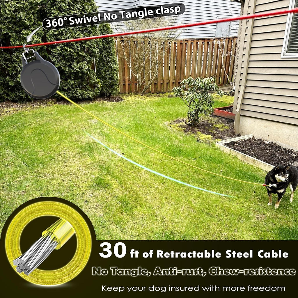 30ft Retractable Dog Leash, 2-in-1 Retractable Dog Lead for Zipline, Aerial Run Cable Trolley Or Stake Anchor, No Tangle Lead Reel for Camping Or Yard