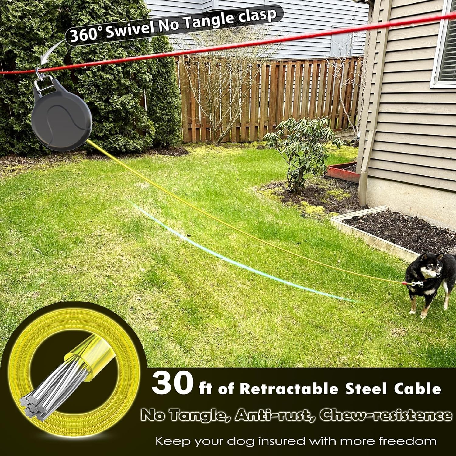 30ft Retractable Dog Leash, 2-in-1 Retractable Dog Lead for Zipline, Aerial Run Cable Trolley Or Stake Anchor, No Tangle Lead Reel for Camping Or Yard