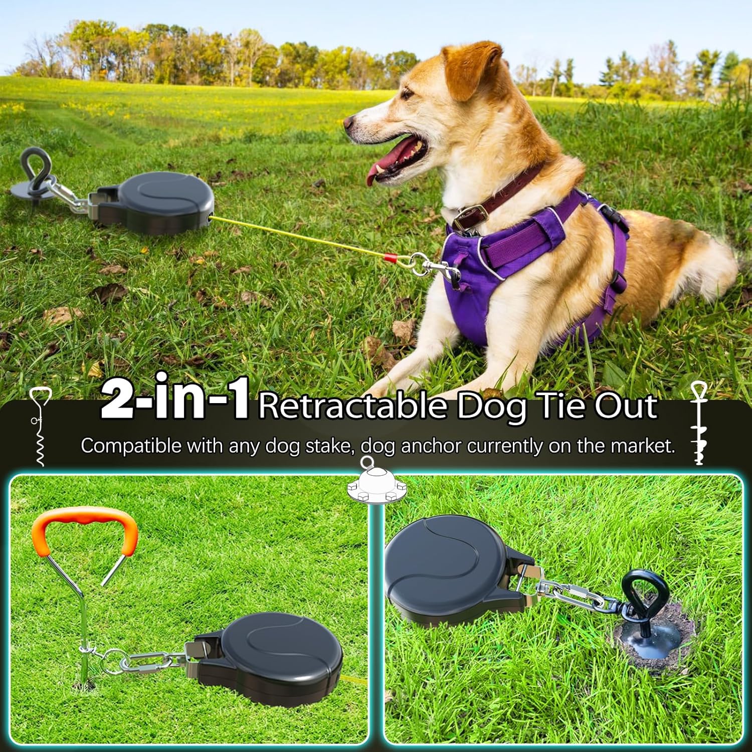 30ft Retractable Dog Leash, 2-in-1 Retractable Dog Lead for Zipline, Aerial Run Cable Trolley Or Stake Anchor, No Tangle Lead Reel for Camping Or Yard
