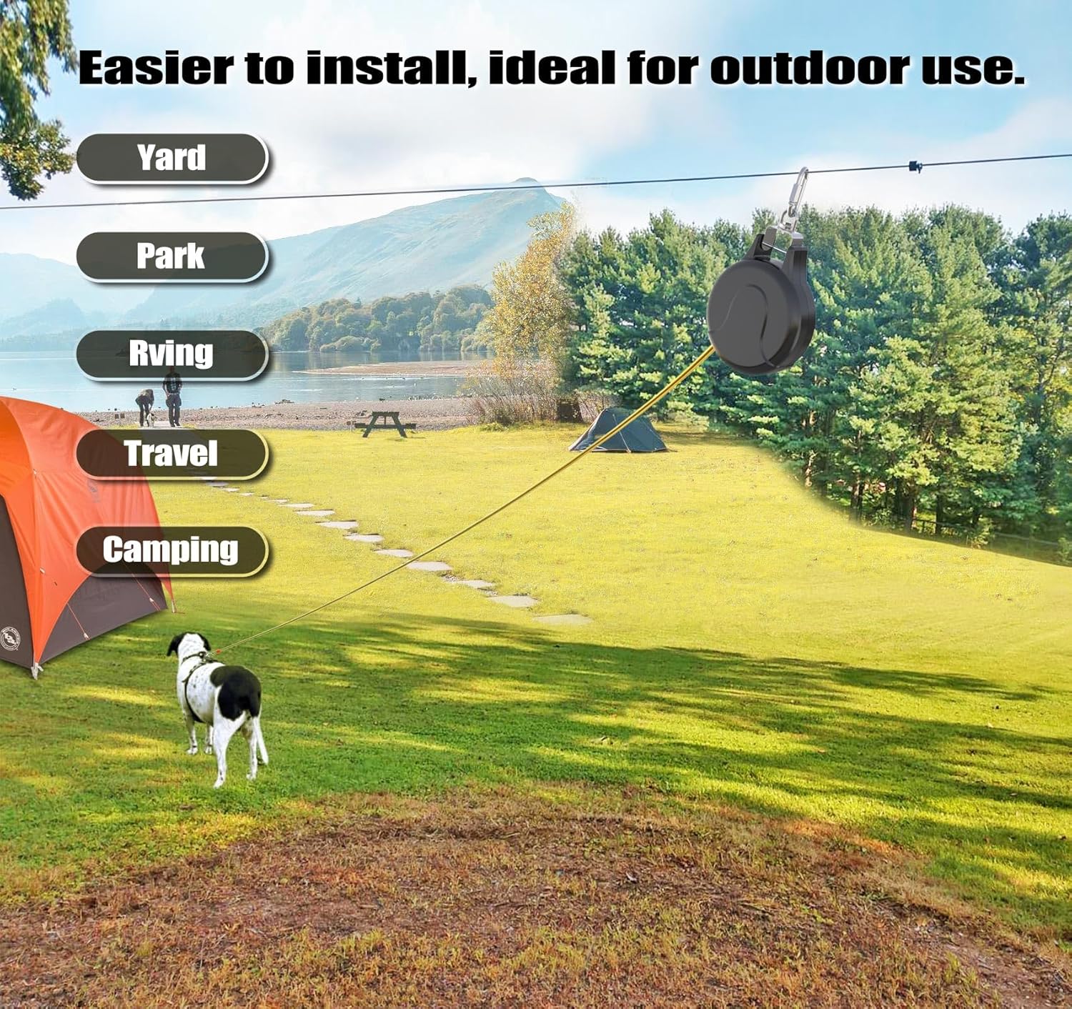 30ft Retractable Dog Leash, 2-in-1 Retractable Dog Lead for Zipline, Aerial Run Cable Trolley Or Stake Anchor, No Tangle Lead Reel for Camping Or Yard