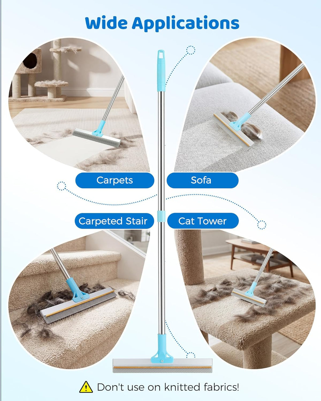 Carpet Rake for Pet Hair Removal - 54''Adjustable Long Handle Carpet Rake, 3 in 1 Reusable Silicone Carpet Broom with 2 Lint Scrapers, Pet Hair Remover Broom for Rugs, Mats, Couch, Car Interiors