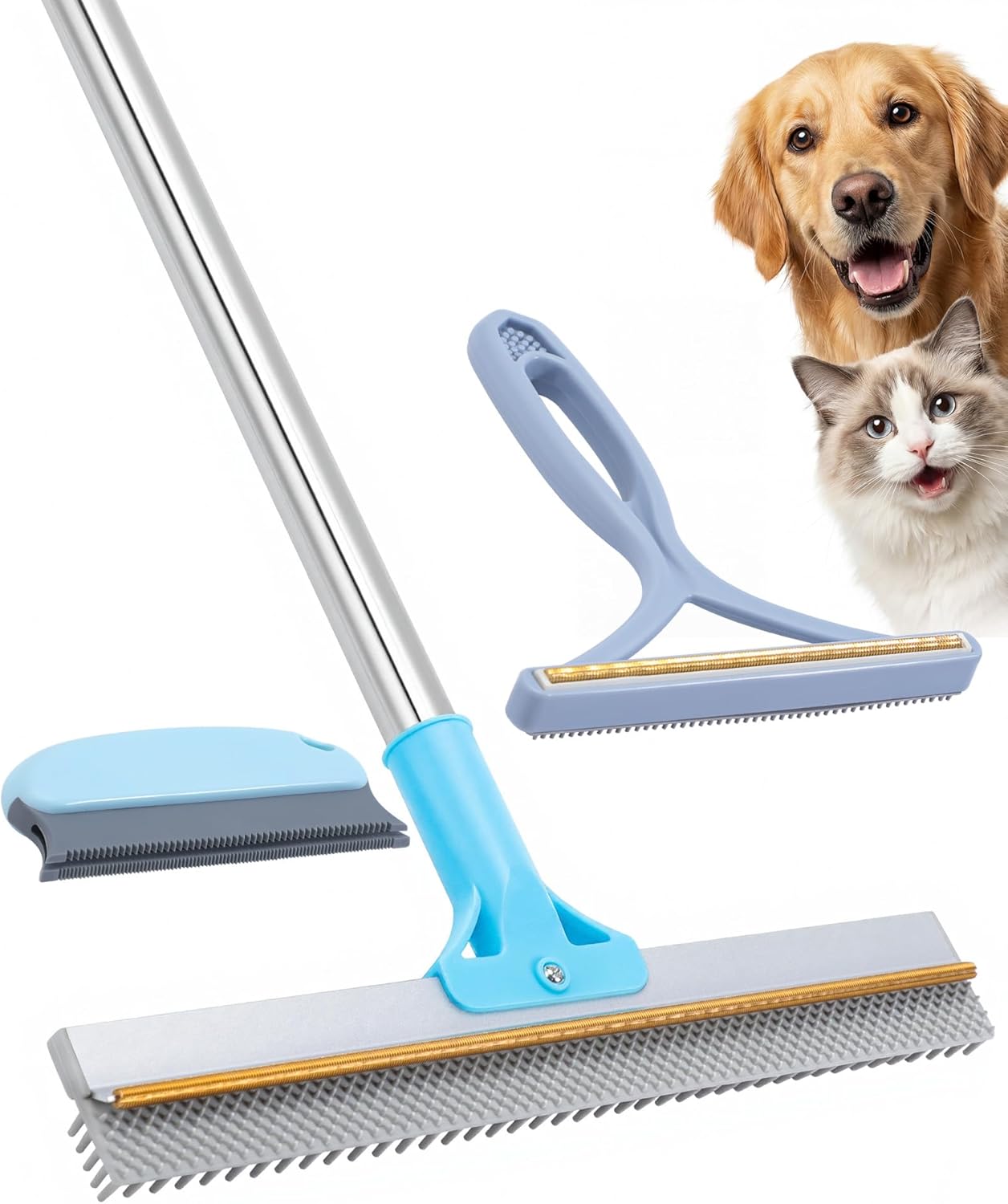 Carpet Rake for Pet Hair Removal - 54''Adjustable Long Handle Carpet Rake, 3 in 1 Reusable Silicone Carpet Broom with 2 Lint Scrapers, Pet Hair Remover Broom for Rugs, Mats, Couch, Car Interiors