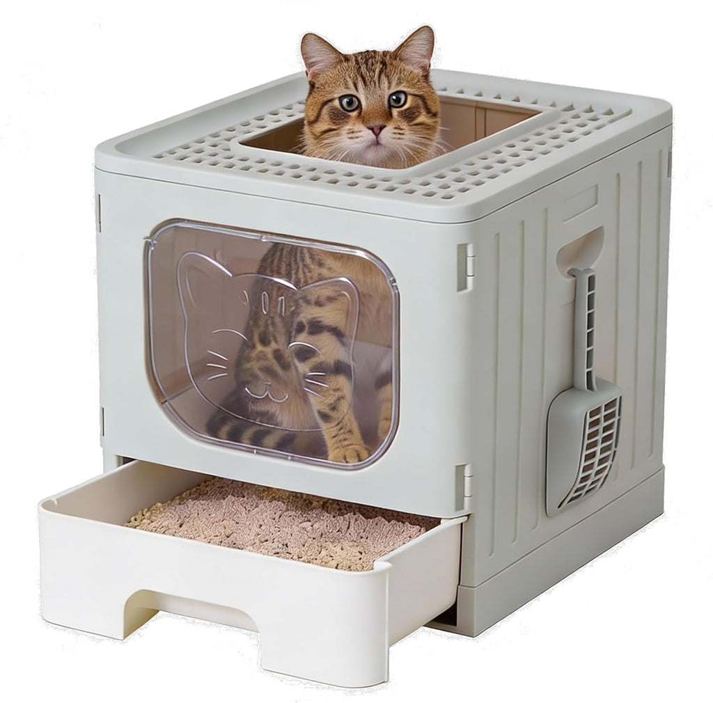 Cat Litter Box with Lid, Large Foldable Cat Box with Litter Scoop, Front Entry Top Exit Kitty Litter Box with Door, Easy Cleaning Drawer Design Odor Control, Grey