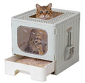 Cat Litter Box with Lid, Large Foldable Cat Box with Litter Scoop, Front Entry Top Exit Kitty Litter Box with Door, Easy Cleaning Drawer Design Odor Control, Grey