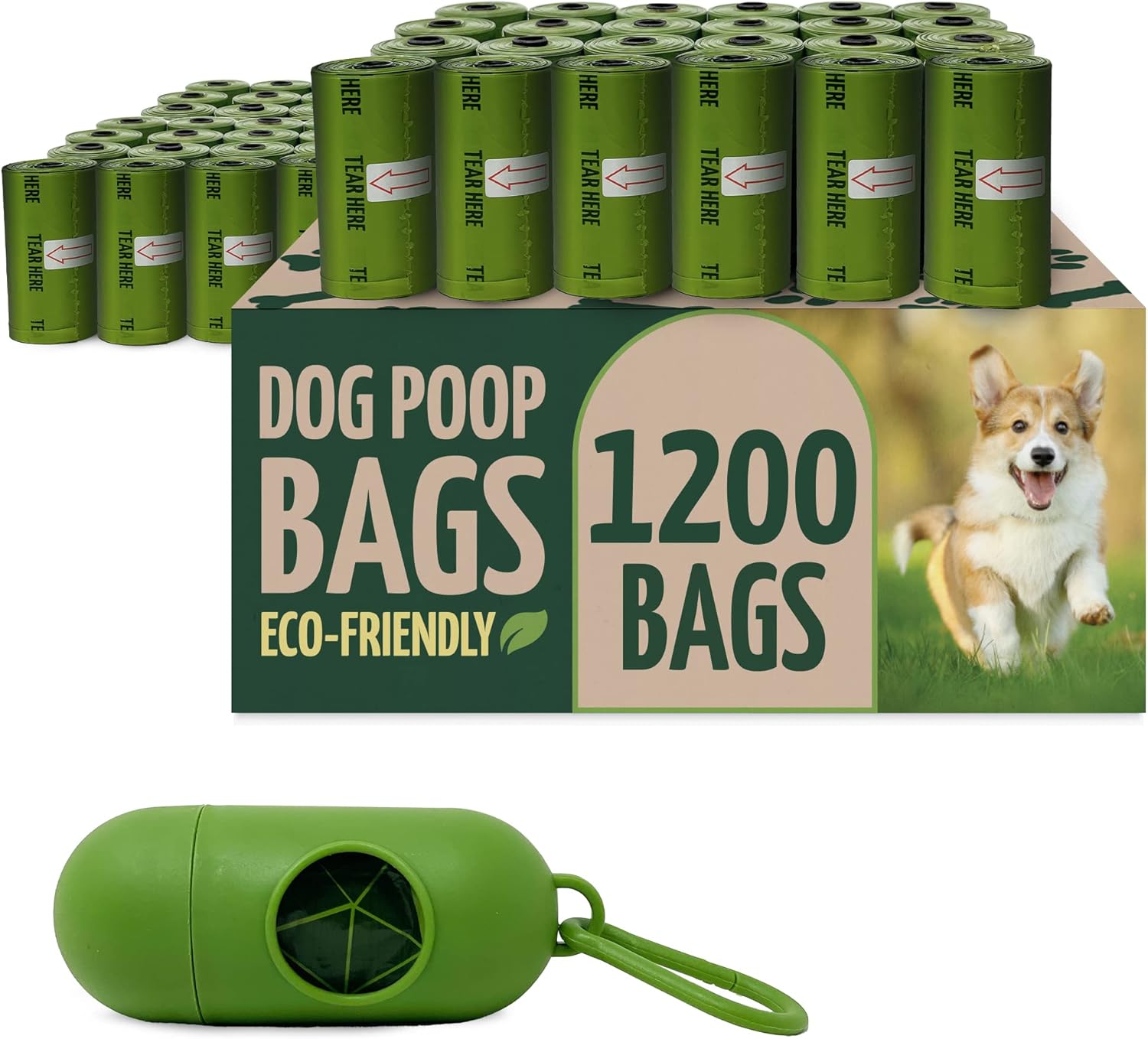 Biodegradable Dog Poop Bags w/Holder (1200 Count - 80 Rolls Bulk) | Leash Clip Dispenser | 9x13" Large Dog Bags for Poop | Green Eco-Friendly Oxobiodegradable Waste Disposal Refills (Unscented)