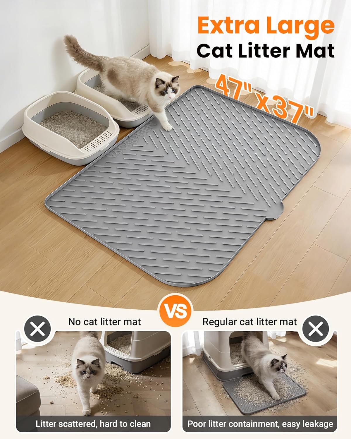 Cat Litter Box Mat, 47" x 37" Extra Large Cat Litter Mat, Silicone Waterproof Litter Trapping Mat for Scatter Control Soft on Kitty Paws Non-Slip Easy to Clean（Grey)