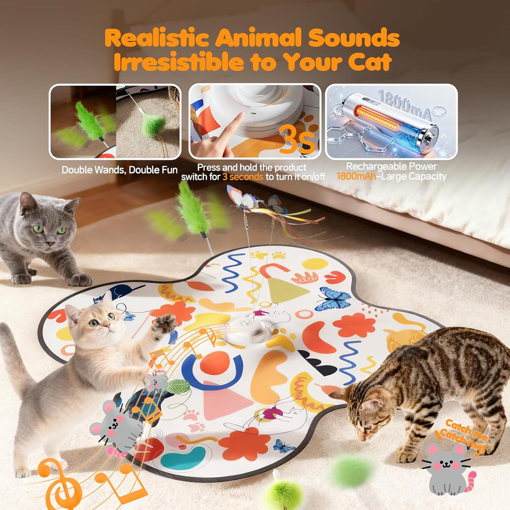 Interactive Cat Toys for Indoor Cats–Rechargeable Automatic Hide and Seek Kittens Toy with Moving Wand Feathers,Fluttering Butterfly,Real Mouse Squeaky,Motion Activated for Exercise & Bored Adult Cats