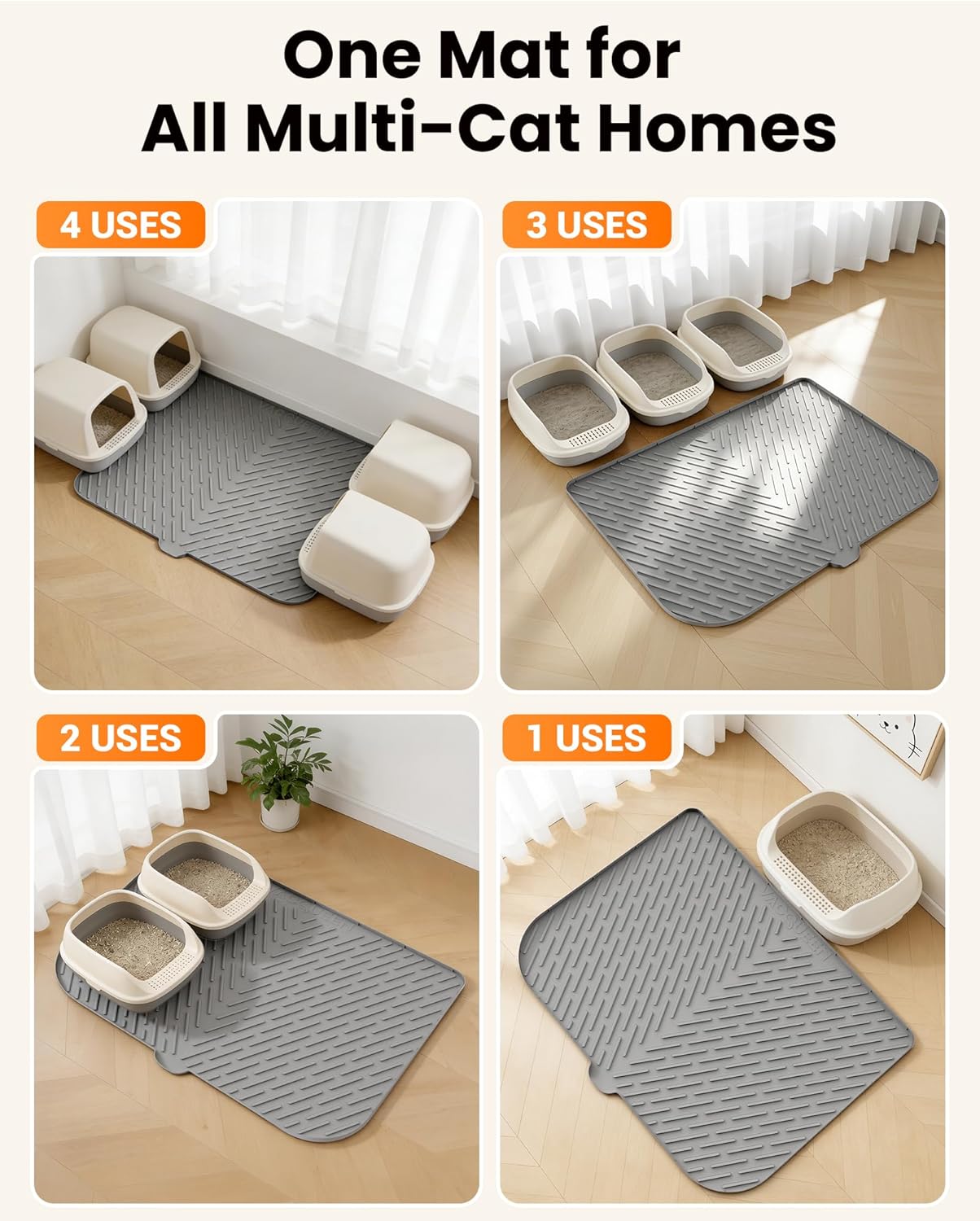 Cat Litter Box Mat, 47" x 37" Extra Large Cat Litter Mat, Silicone Waterproof Litter Trapping Mat for Scatter Control Soft on Kitty Paws Non-Slip Easy to Clean（Grey)