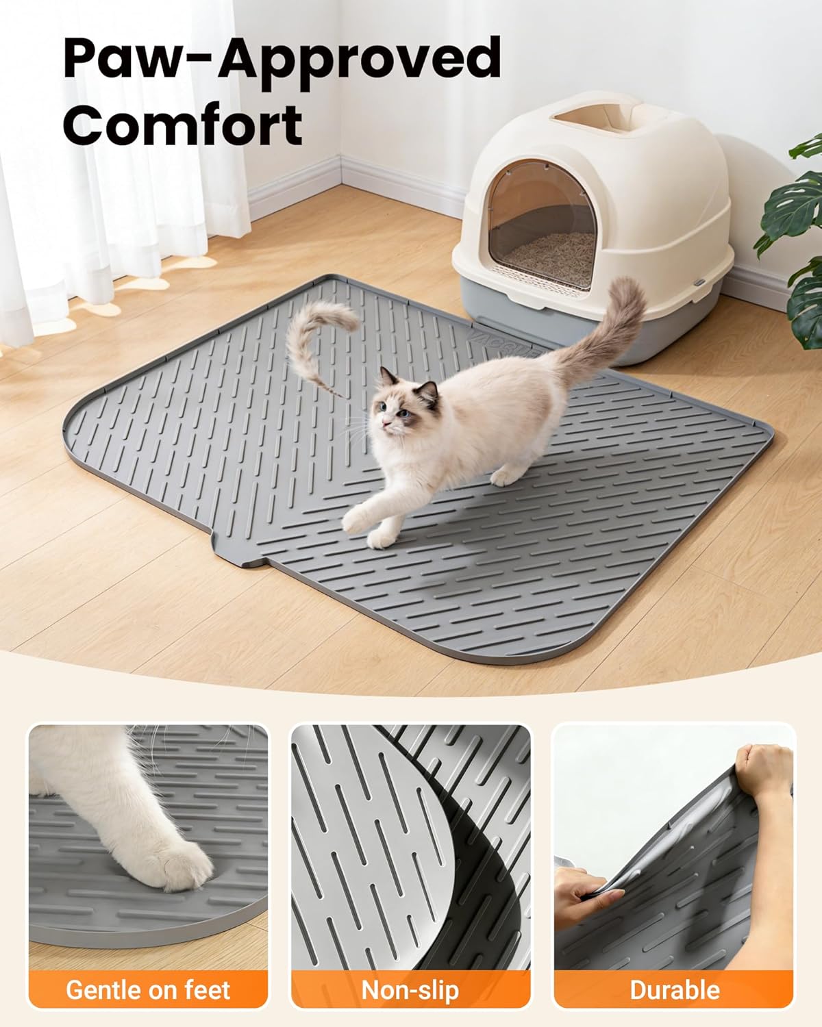 Cat Litter Box Mat, 47" x 37" Extra Large Cat Litter Mat, Silicone Waterproof Litter Trapping Mat for Scatter Control Soft on Kitty Paws Non-Slip Easy to Clean（Grey)