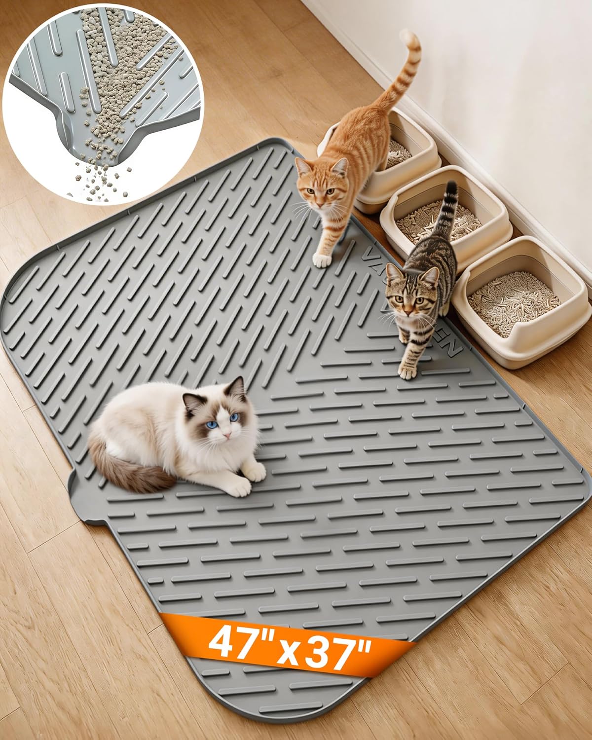 Cat Litter Box Mat, 47" x 37" Extra Large Cat Litter Mat, Silicone Waterproof Litter Trapping Mat for Scatter Control Soft on Kitty Paws Non-Slip Easy to Clean（Grey)