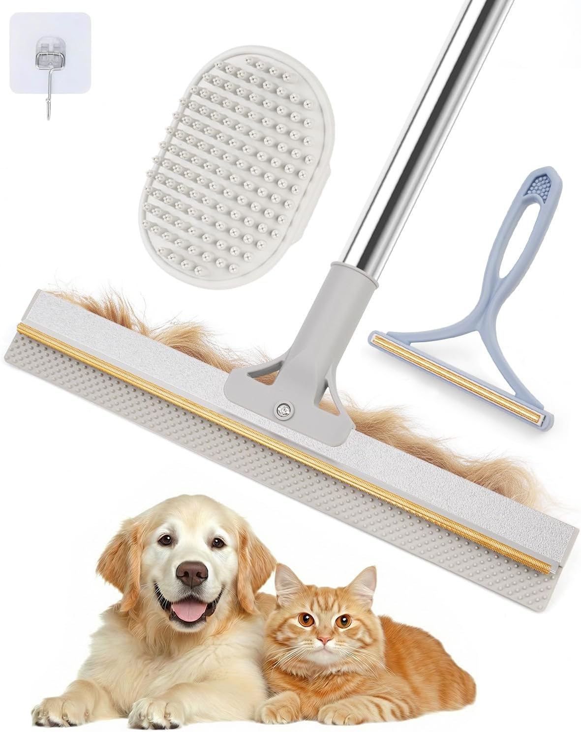 6-in-1 Carpet Rake for Pet Hair Removal with 54” Long Handle, Vacuum-Mate 3-Piece Pet Hair Remover Set for Thick Carpets, Rugs, Couch, Floor, Bed