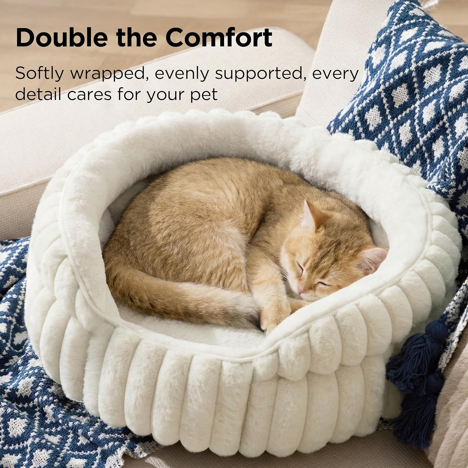 ComfyFleece™ Cat Bed, Washable Round Cute Pet Beds for Indoor Cats, Super Soft Corduroy Kitten Bed with Anti-Slip Bottom, 20''x20''x8'', Cream