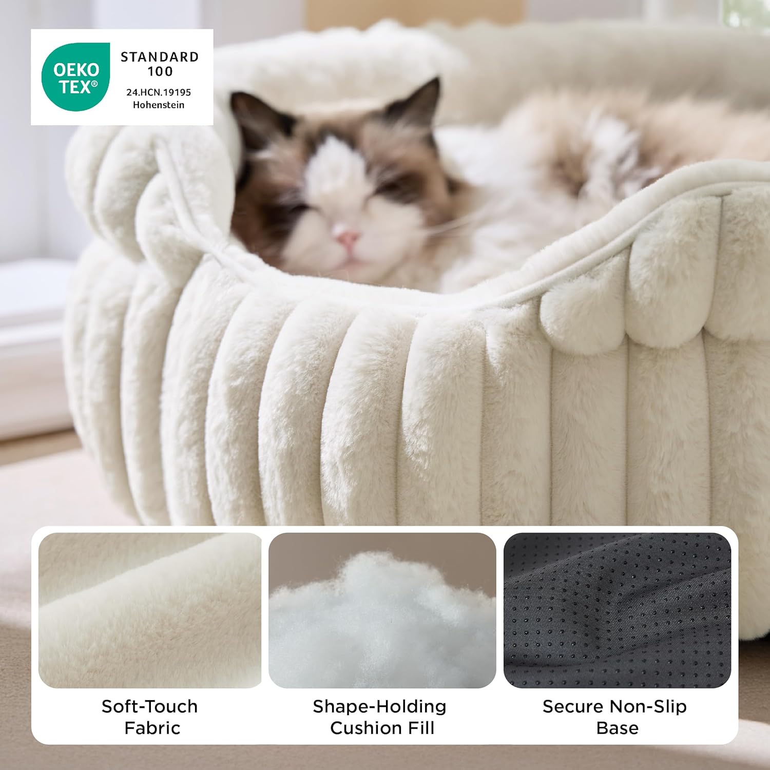 ComfyFleece™ Cat Bed, Washable Round Cute Pet Beds for Indoor Cats, Super Soft Corduroy Kitten Bed with Anti-Slip Bottom, 20''x20''x8'', Cream