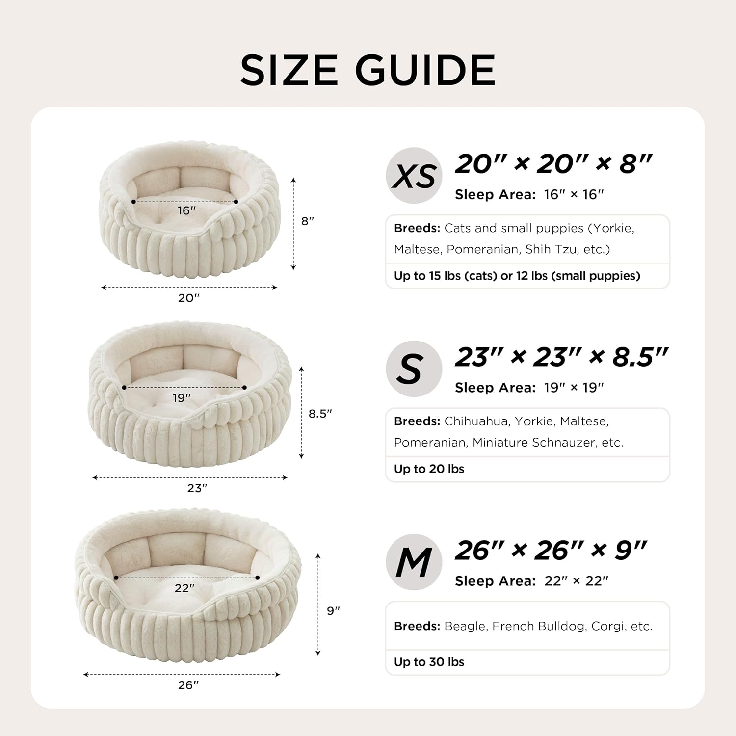ComfyFleece™ Cat Bed, Washable Round Cute Pet Beds for Indoor Cats, Super Soft Corduroy Kitten Bed with Anti-Slip Bottom, 20''x20''x8'', Cream