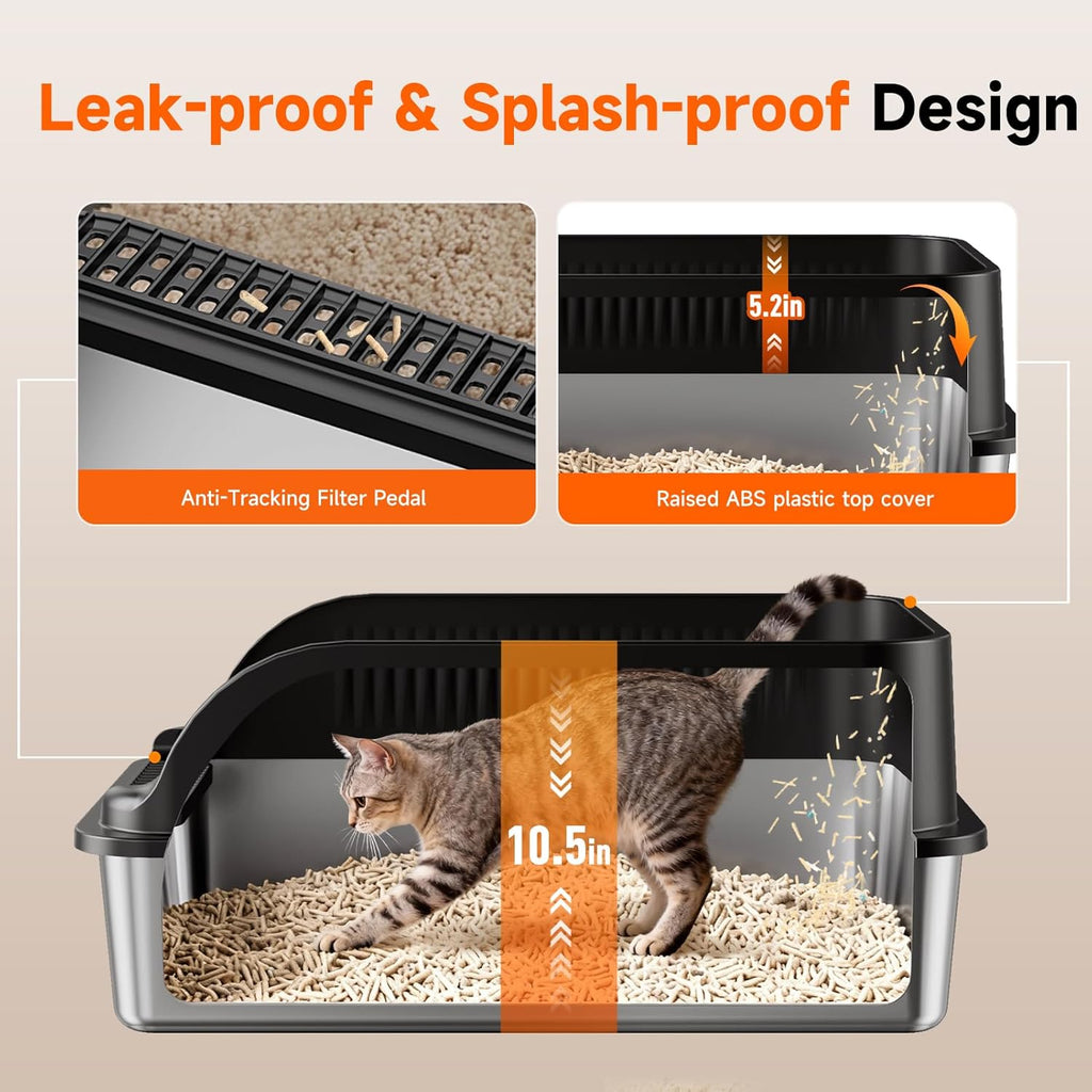 Stainless Steel Cat Litter Box, Extra Large XL Odor Free Metal Litter Box with High Sides Lid, Open Top Litter Pan Include Scoop Easy Cleaning Anti-Scratch Kitty Cat Box Anti-Urine Leakage, Non-Sticky