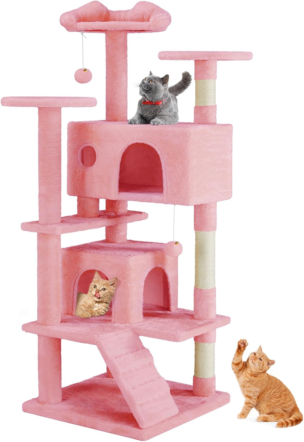 54 Inch Cat Tree Tower, Multi-Level with Cat Scratching Post, Indoor Cat Condo with Climbing Ladder, Plush Toy, Play House for Cat, Pink