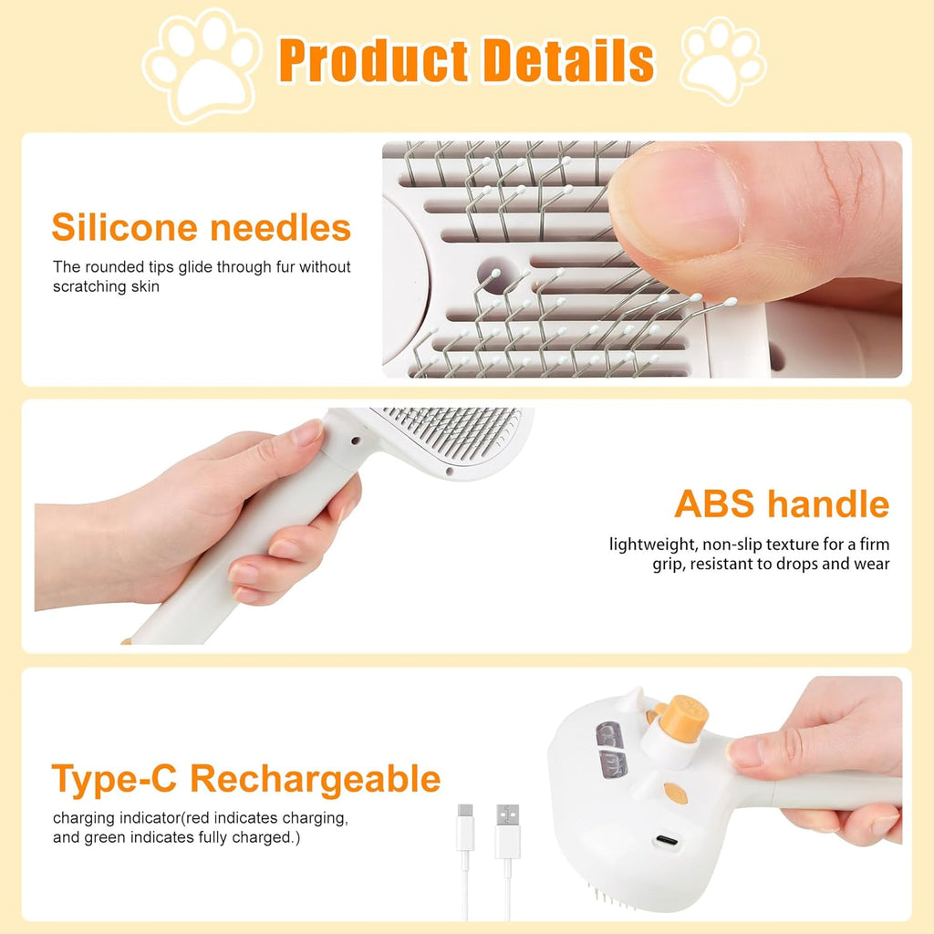 2026 New Upgrade 3-in-1 Pet Steam Brush - Dog Brush for Shedding & Cat Brushes for Indoor Cats - Skin-Friendly, Self-Cleaning Grooming Brush for Dogs & Cats - Hair Removal Tool