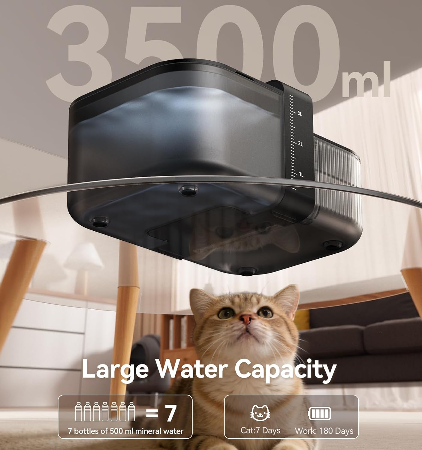 Wireless No Filters Cat Water Fountain, Wastewater Separation, Stainless Steel Bowl, 3000mAh 3.5L Pet Water Fountain for Indoor Cats & Dogs Dispenser, Black