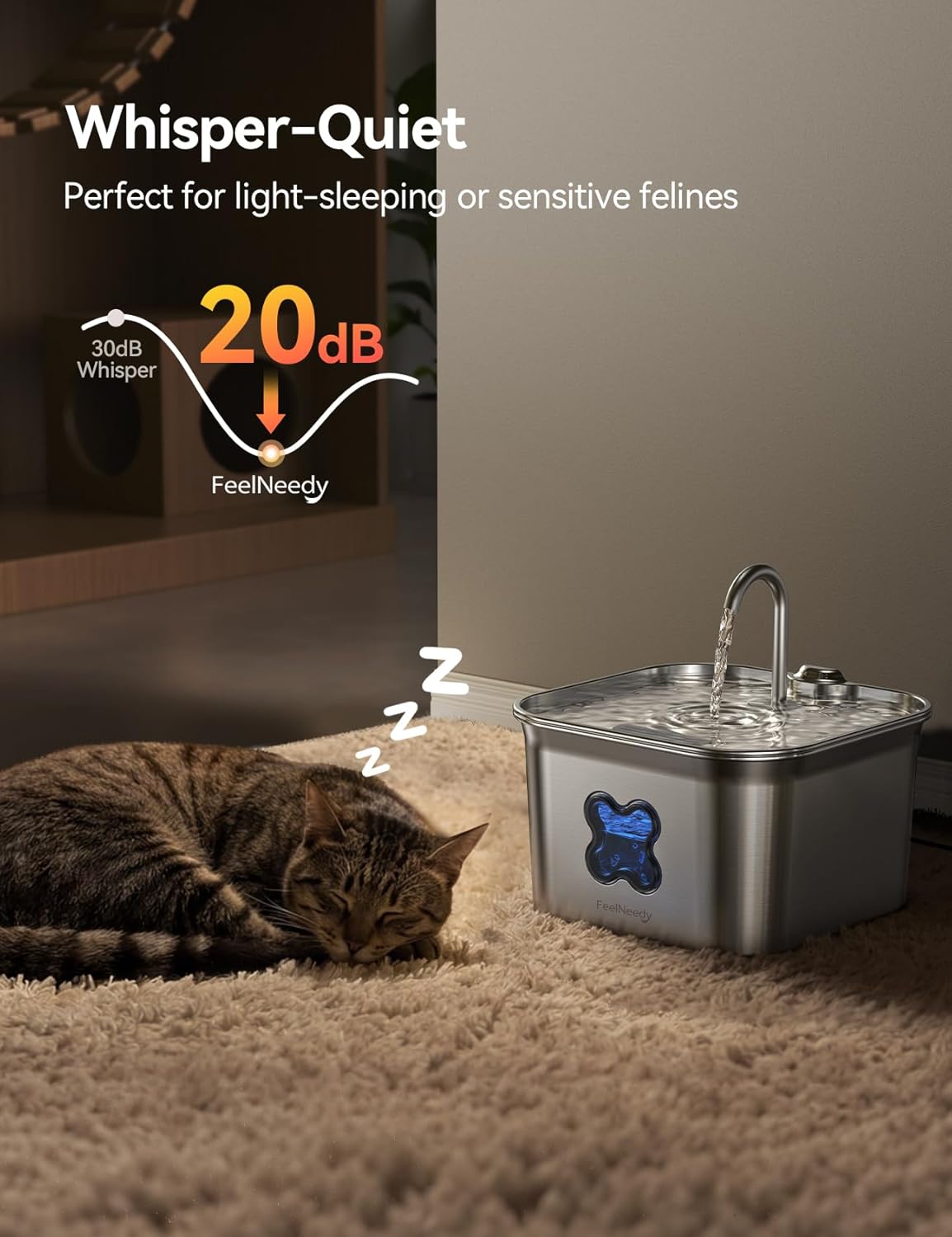 Cat Water Fountain, 304 Stainless Steel - 95oz/2.8L Faucet-Style Pet Drinking Fountain for Cats & Small Dogs, Ultra-Quiet <20dB, Dishwasher Safe, 4-Stage Filtration & Water Level Window