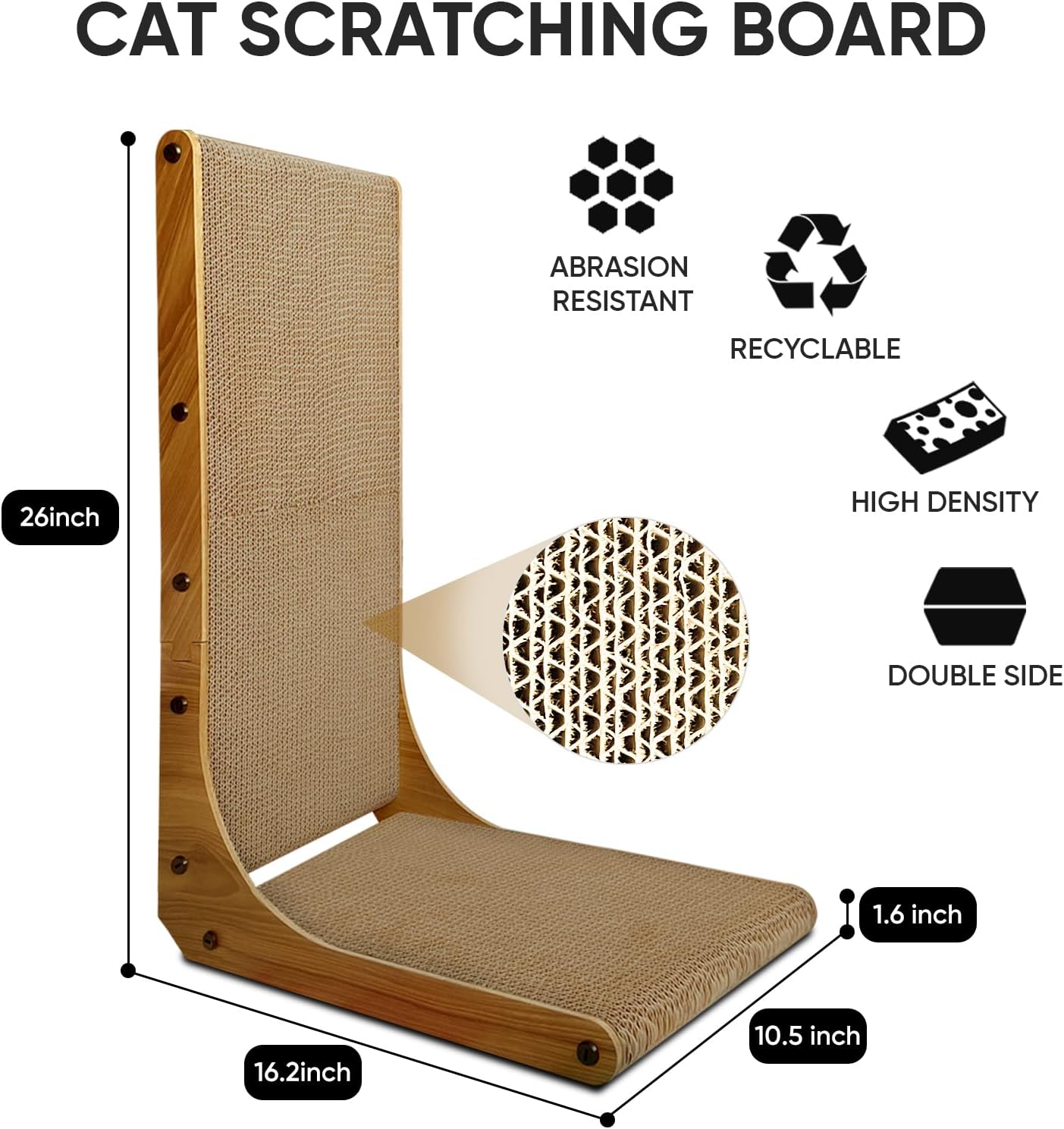 Cat Scratcher, 26 inch L Shape Cat Scratching Pad for Indoor Cats, Durable Sustainable Cardboard Scratcher with Box, Recyclable Vertical Cat Scratch Pad to Protect Furniture, Large