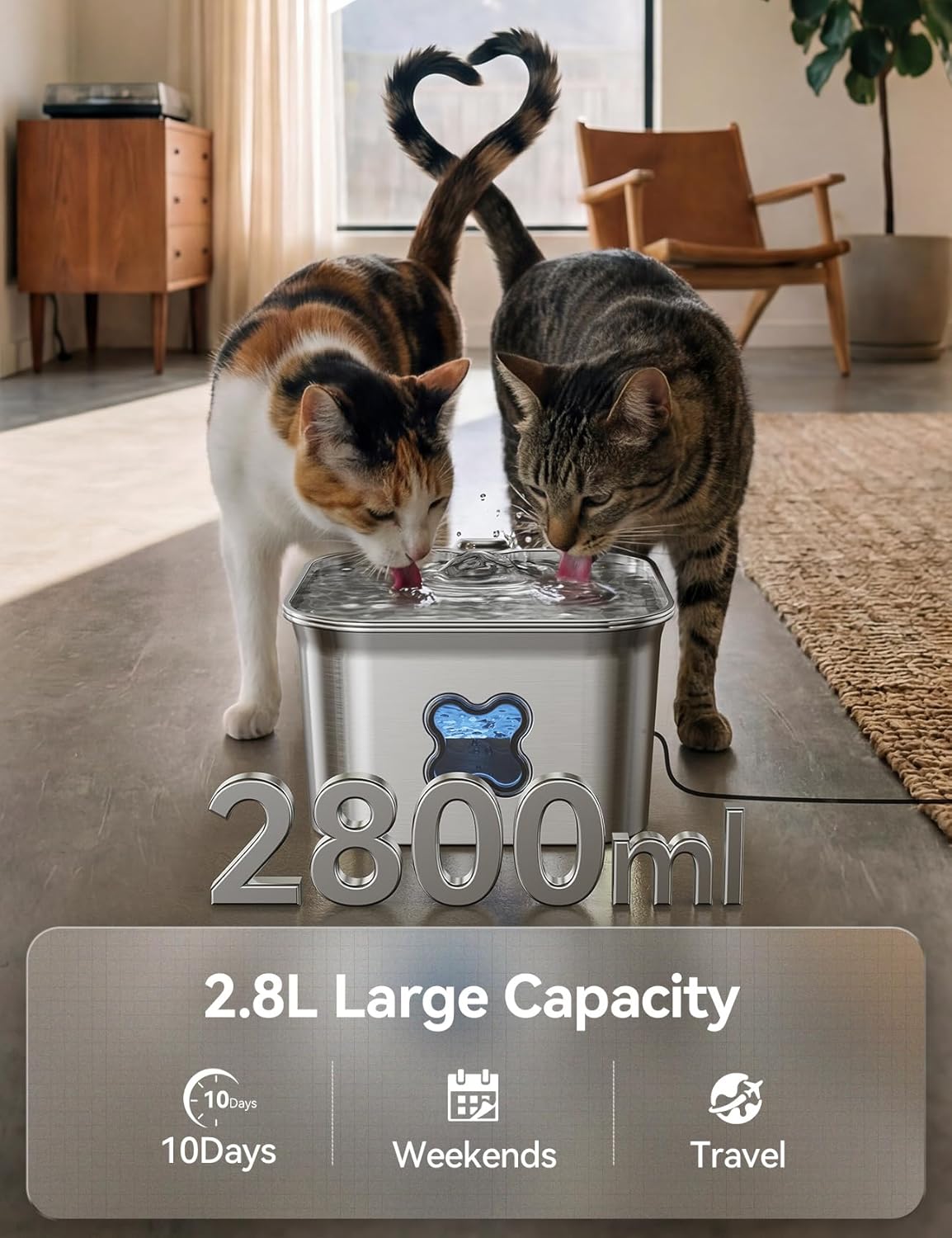 Cat Water Fountain, 304 Stainless Steel - 95oz/2.8L Faucet-Style Pet Drinking Fountain for Cats & Small Dogs, Ultra-Quiet <20dB, Dishwasher Safe, 4-Stage Filtration & Water Level Window