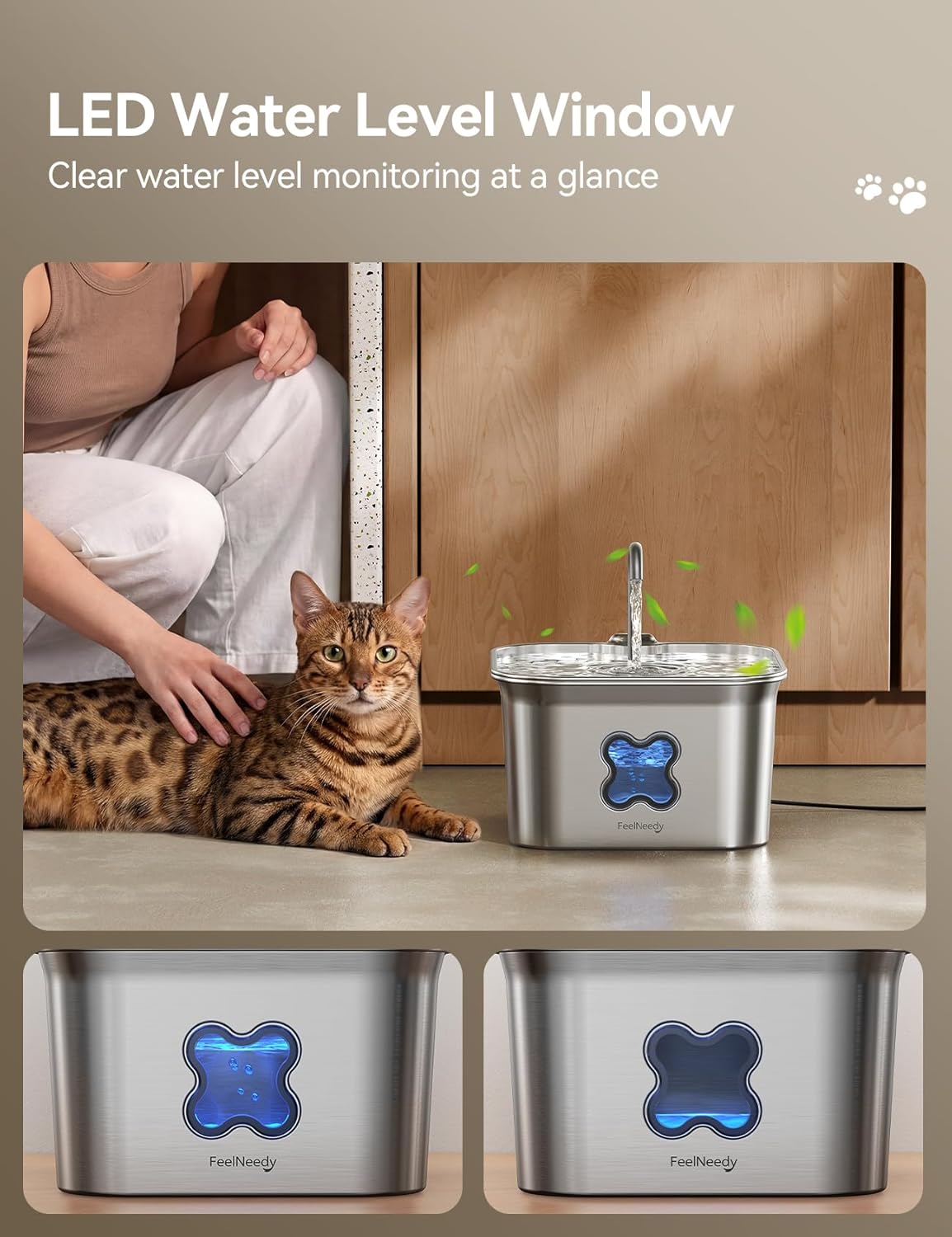 Cat Water Fountain, 304 Stainless Steel - 95oz/2.8L Faucet-Style Pet Drinking Fountain for Cats & Small Dogs, Ultra-Quiet <20dB, Dishwasher Safe, 4-Stage Filtration & Water Level Window