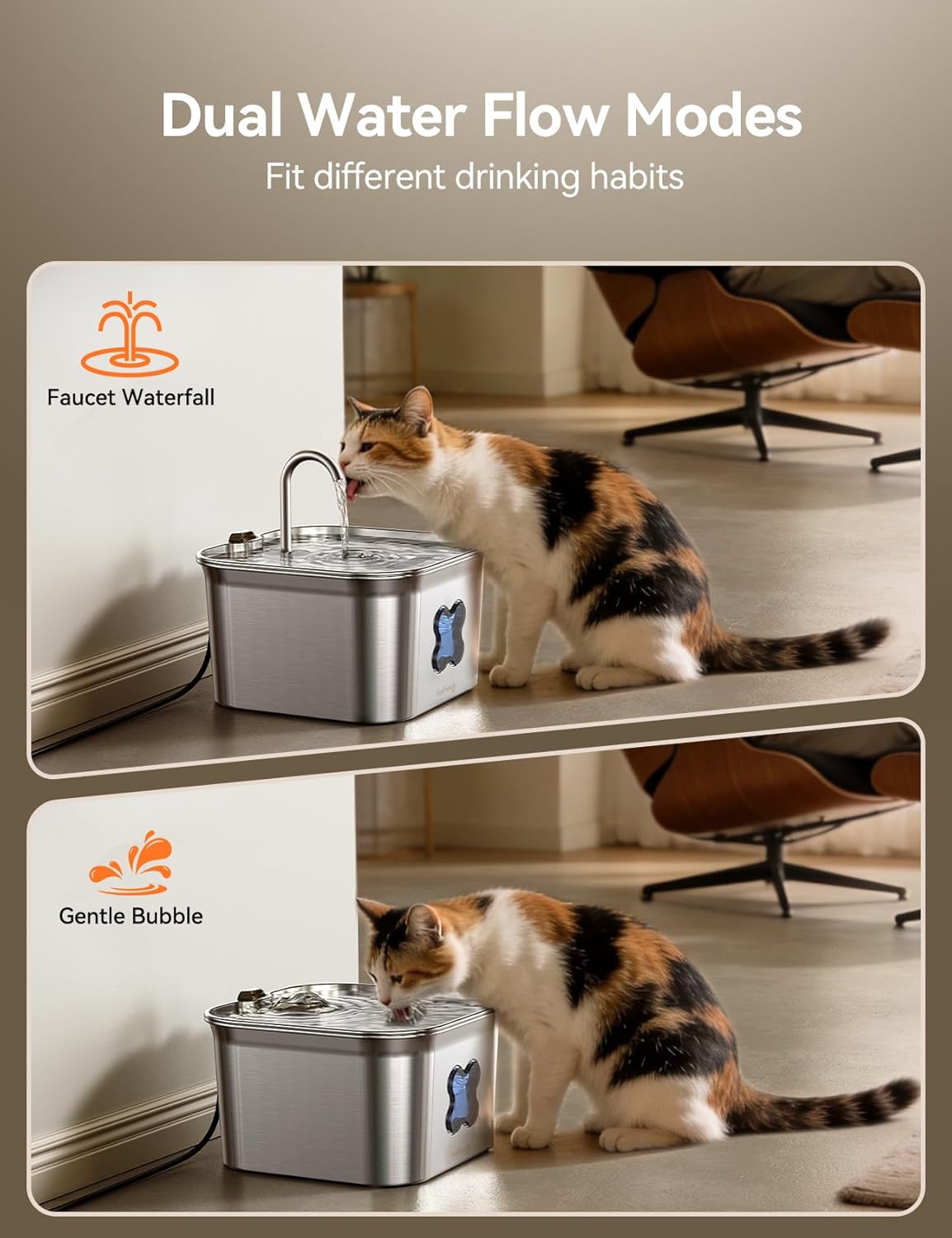 Cat Water Fountain, 304 Stainless Steel - 95oz/2.8L Faucet-Style Pet Drinking Fountain for Cats & Small Dogs, Ultra-Quiet <20dB, Dishwasher Safe, 4-Stage Filtration & Water Level Window