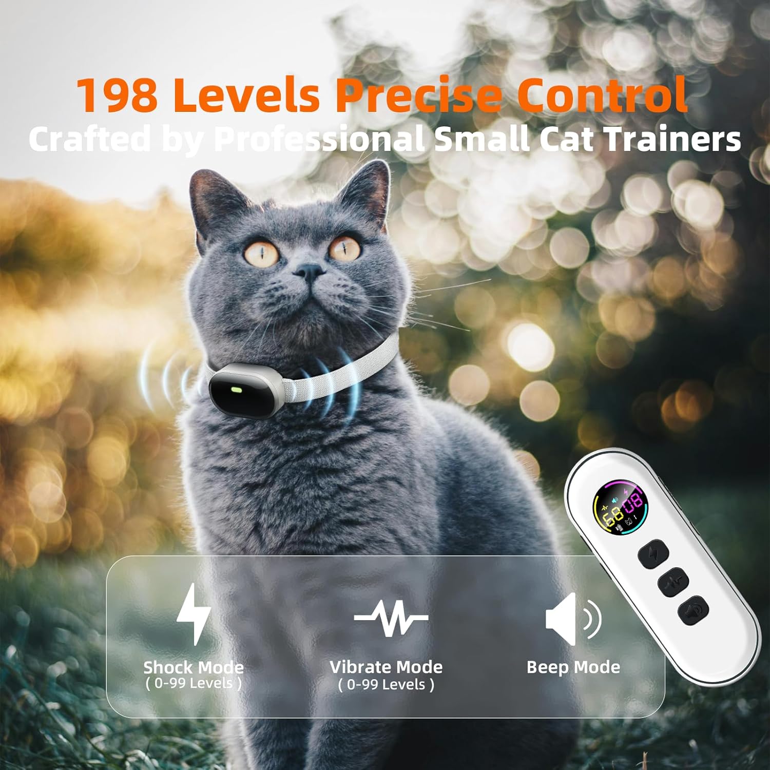 Ultra-Small Cat Shock Collar, Ultra-Light & Thin Cat Training Collar with 1300ft Remote, Tailored for Cats & Small Dogs, 198-Level Precise Control, Waterproof, Rechargeable (Beige)