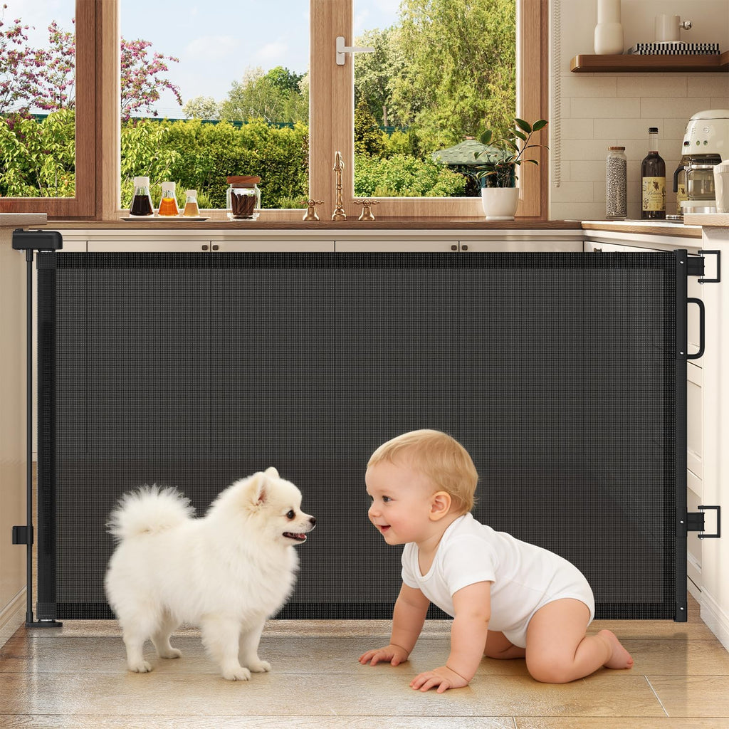 Retractable Baby Gates for Doorways, 58" Extra Wide Mesh Child Dog Gate for Stairs, 34" Tall Toddler Pet Gate Indoor and Outdoor, Easy Install, Essential for Home Safety, Black