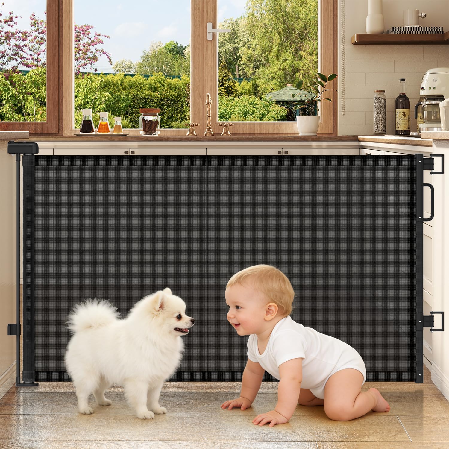 Retractable Baby Gates for Doorways, 58" Extra Wide Mesh Child Dog Gate for Stairs, 34" Tall Toddler Pet Gate Indoor and Outdoor, Easy Install, Essential for Home Safety, Black