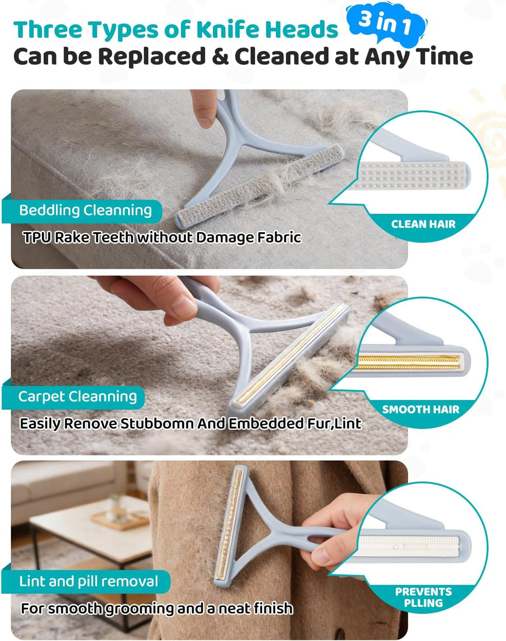 6-in-1 Carpet Rake for Pet Hair Removal with 54” Long Handle, Vacuum-Mate 3-Piece Pet Hair Remover Set for Thick Carpets, Rugs, Couch, Floor, Bed