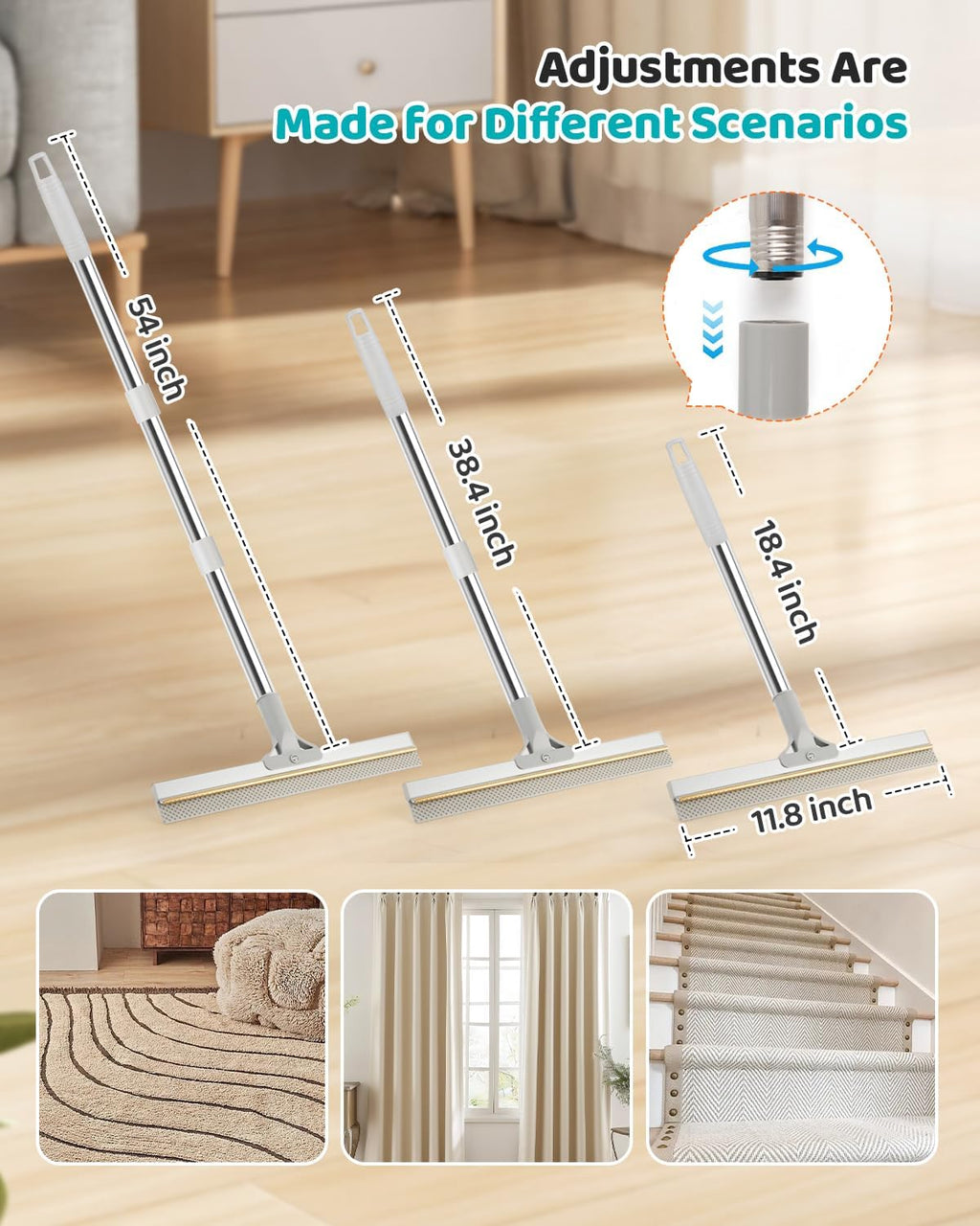 6-in-1 Carpet Rake for Pet Hair Removal with 54” Long Handle, Vacuum-Mate 3-Piece Pet Hair Remover Set for Thick Carpets, Rugs, Couch, Floor, Bed