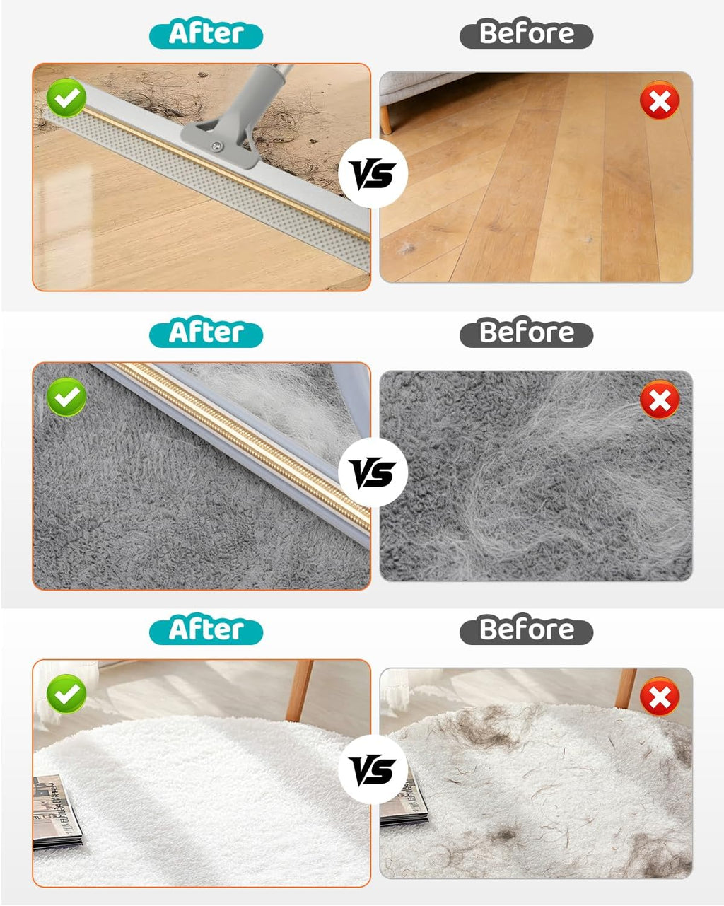 6-in-1 Carpet Rake for Pet Hair Removal with 54” Long Handle, Vacuum-Mate 3-Piece Pet Hair Remover Set for Thick Carpets, Rugs, Couch, Floor, Bed
