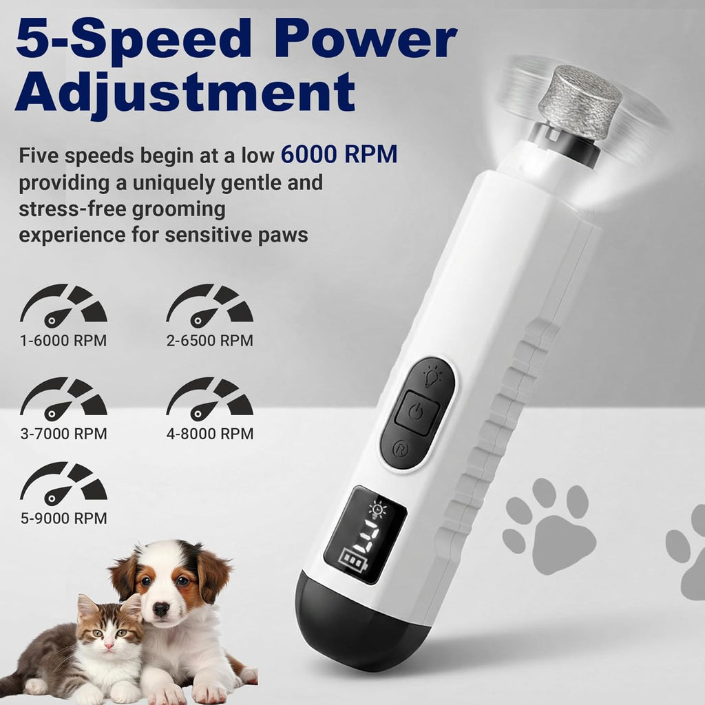 2026 Upgraded Silent Groom Pro Nail Grinder, Cordless Grooming Pro Nail Grinder for Dogs with 5-Speed & Led Light, Rechargeable USB Charging & 2 Grinding Wheels for Dogs and Cats