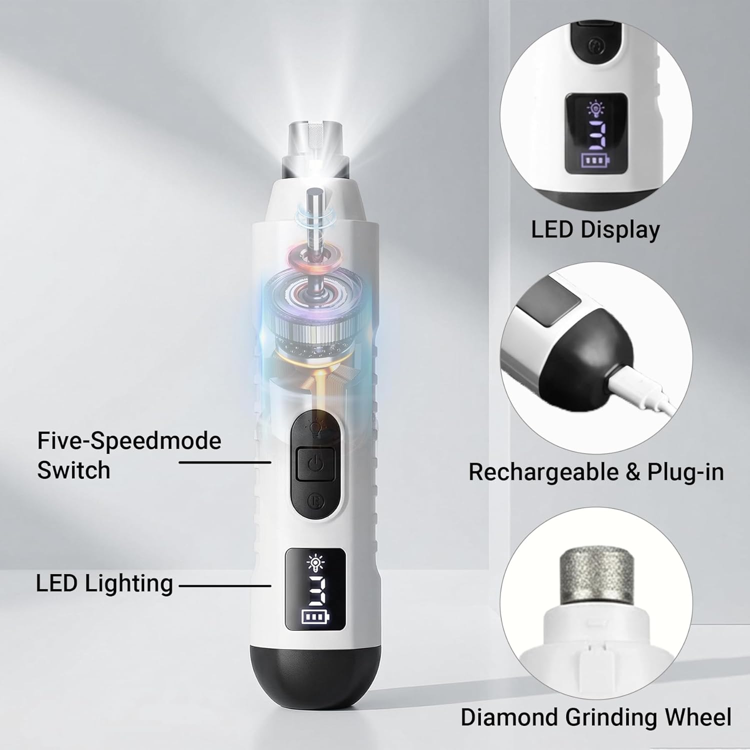 2026 Upgraded Silent Groom Pro Nail Grinder, Cordless Grooming Pro Nail Grinder for Dogs with 5-Speed & Led Light, Rechargeable USB Charging & 2 Grinding Wheels for Dogs and Cats