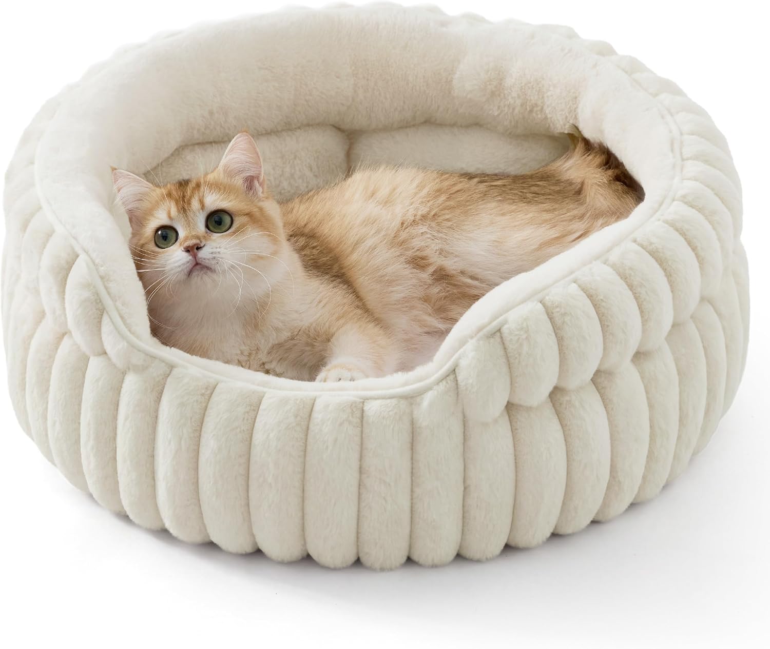 ComfyFleece™ Cat Bed, Washable Round Cute Pet Beds for Indoor Cats, Super Soft Corduroy Kitten Bed with Anti-Slip Bottom, 20''x20''x8'', Cream
